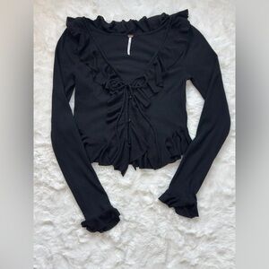 NWOT Free People Ophelia Black Ribbed Button-Up Ruffled Long Sleeve Top